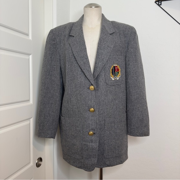 Vintage 80s Logo Gray Wool Blazer - Picture 1 of 6